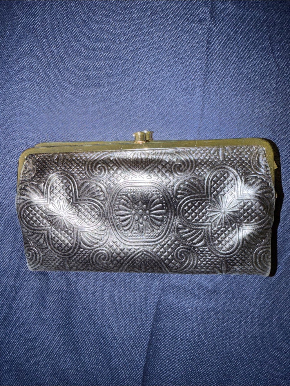 HOBO Embossed Black Leather Clutch Wallet w/silvertone
